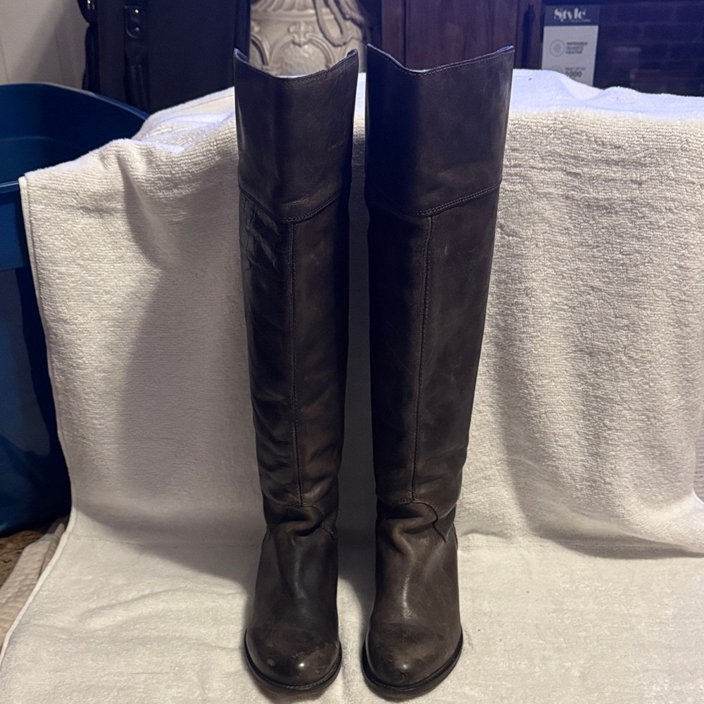 Hinge charcoal gray thigh high distressed leather boots - Size 8 M